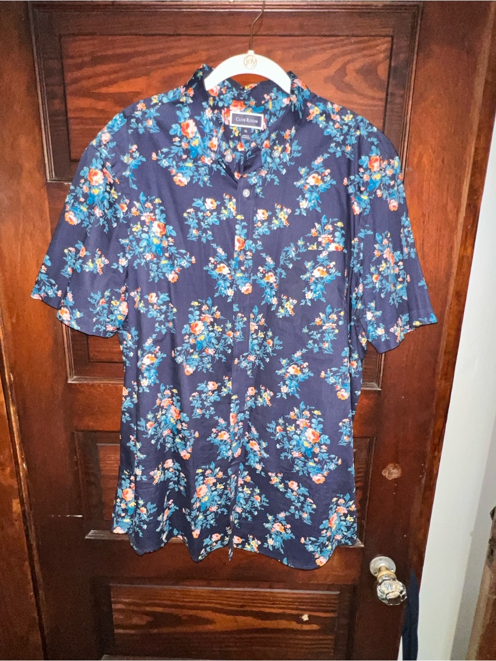 Club Room Navy Floral Short-Sleeve Button-Down Shirt with Blue & Orange Flowers